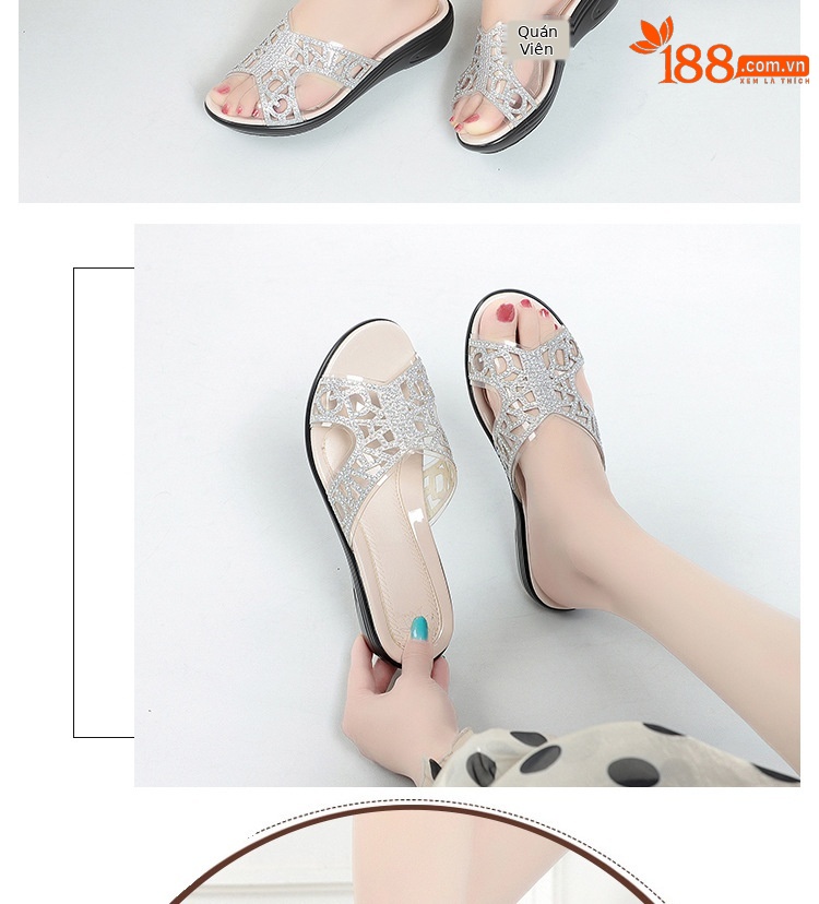 Dép xỏ ngón nữ đế bệt da thật đính đá rhinestone — Màu vàng chi tiết 6