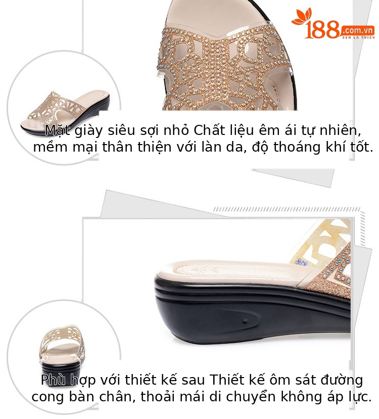 Dép xỏ ngón nữ đế bệt da thật đính đá rhinestone — Màu vàng chi tiết 12