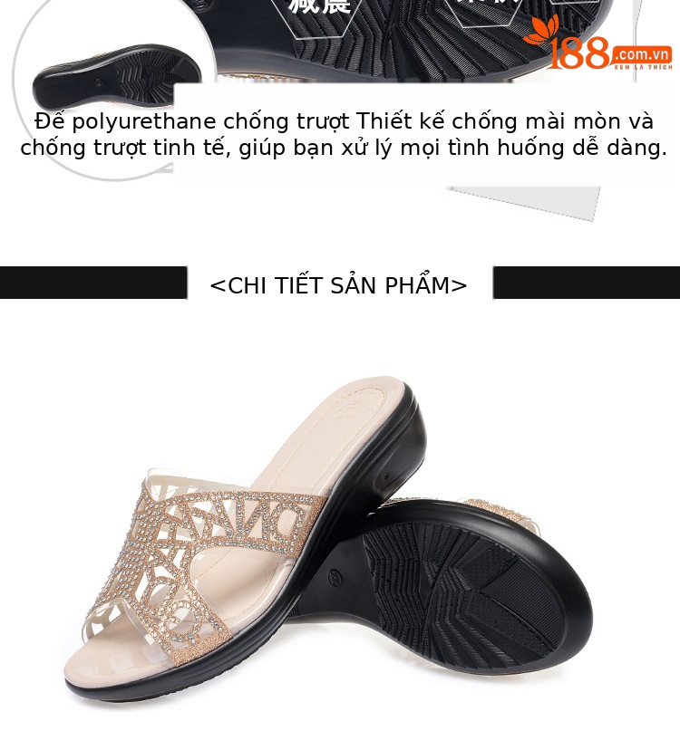 Dép xỏ ngón nữ đế bệt da thật đính đá rhinestone — Màu vàng chi tiết 14