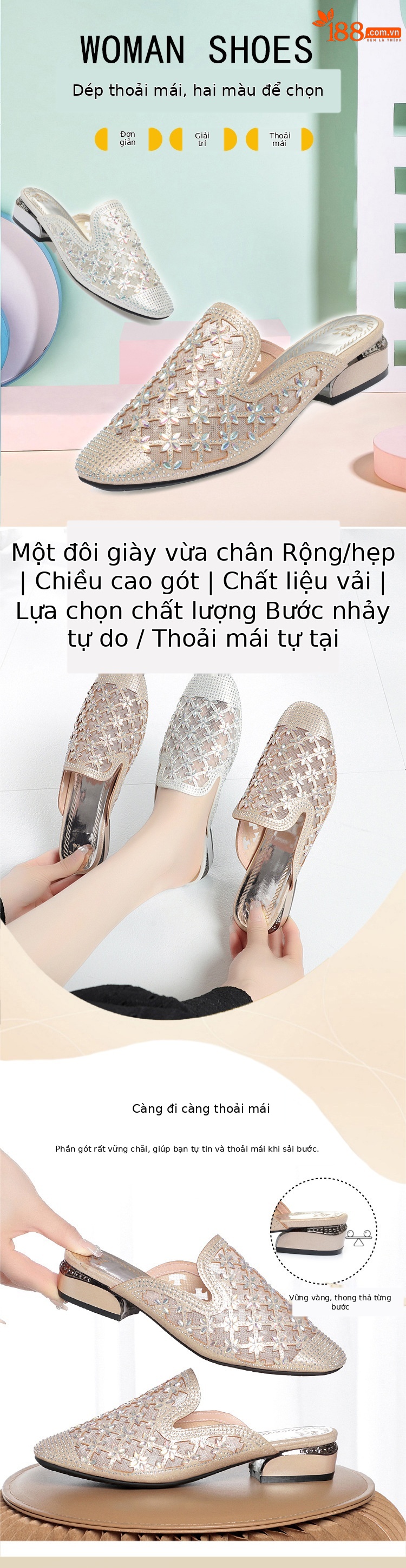 Dép lê bít mũi đế mềm lưới đính kim cương cho nữ — Màu vàng chi tiết 1