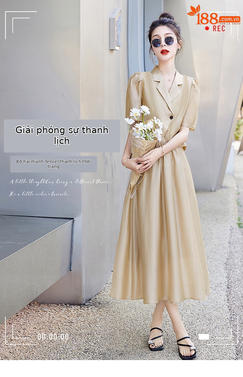 Bộ đồ Tencel nữ hai mảnh gồm áo và chân váy midi thắt eo — Màu đen, Màu xám, Màu kaki chi tiết 1
