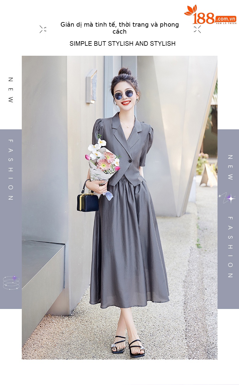 Bộ đồ Tencel nữ hai mảnh gồm áo và chân váy midi thắt eo — Màu đen, Màu xám, Màu kaki chi tiết 3