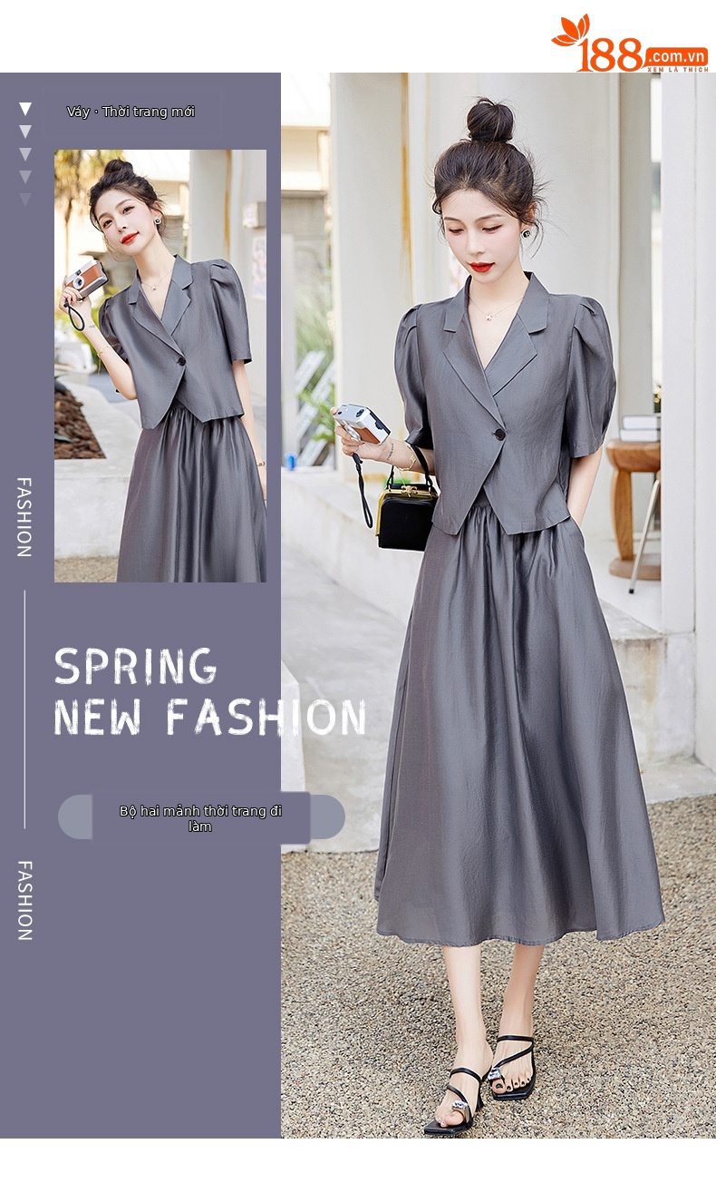 Bộ đồ Tencel nữ hai mảnh gồm áo và chân váy midi thắt eo — Màu đen, Màu xám, Màu kaki chi tiết 4