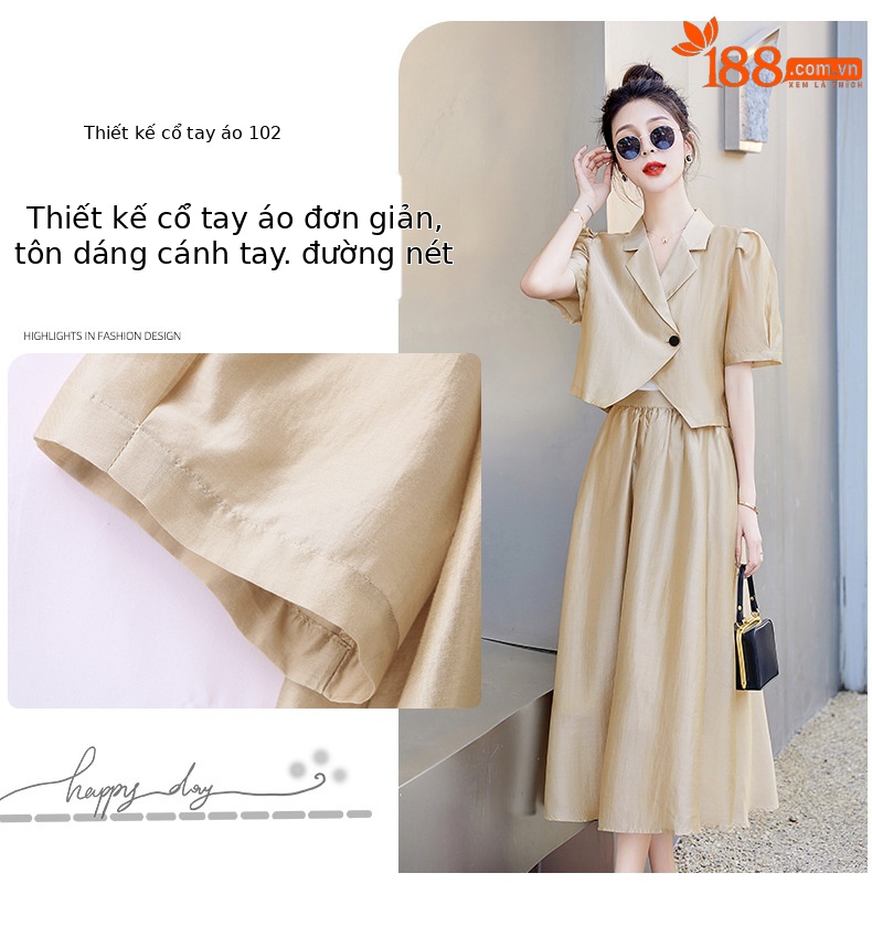 Bộ đồ Tencel nữ hai mảnh gồm áo và chân váy midi thắt eo — Màu đen, Màu xám, Màu kaki chi tiết 6