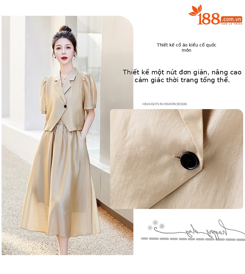 Bộ đồ Tencel nữ hai mảnh gồm áo và chân váy midi thắt eo — Màu đen, Màu xám, Màu kaki chi tiết 7