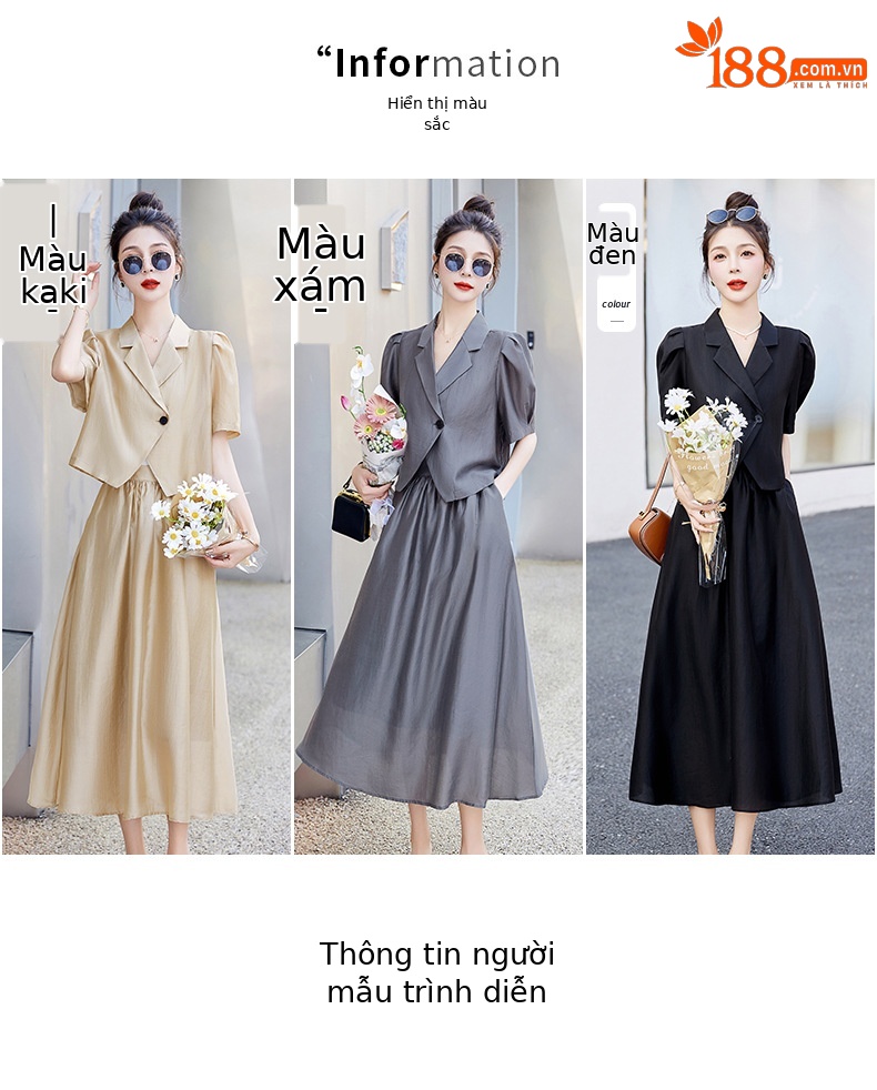 Bộ đồ Tencel nữ hai mảnh gồm áo và chân váy midi thắt eo — Màu đen, Màu xám, Màu kaki chi tiết 9