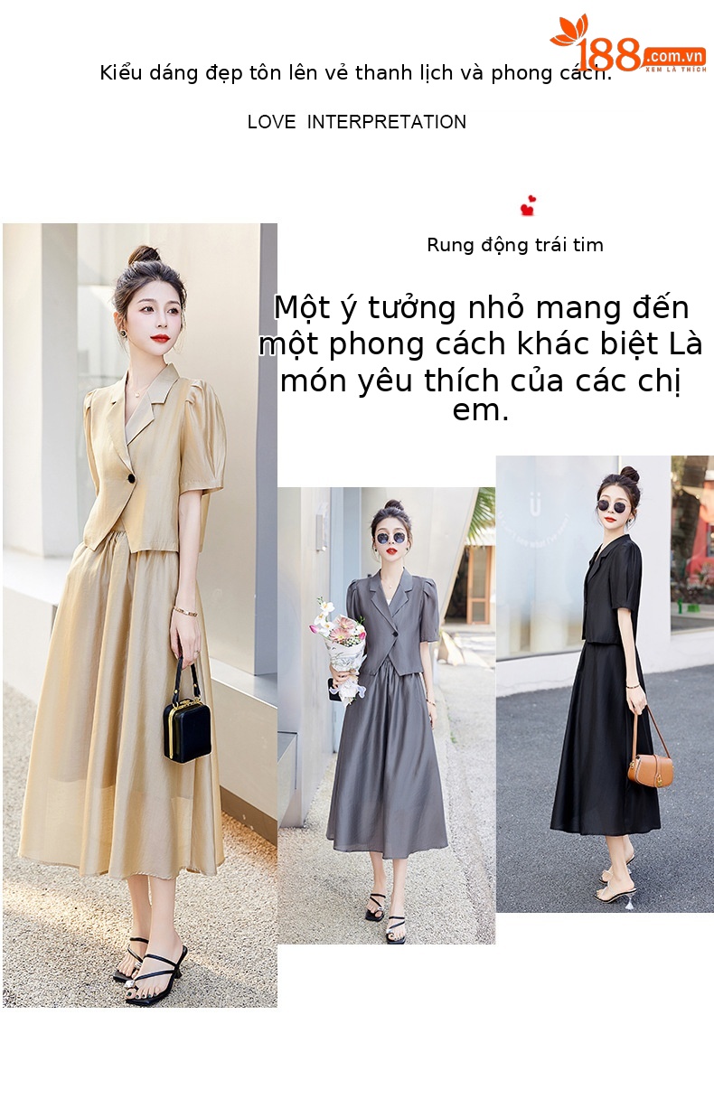 Bộ đồ Tencel nữ hai mảnh gồm áo và chân váy midi thắt eo — Màu đen, Màu xám, Màu kaki chi tiết 2