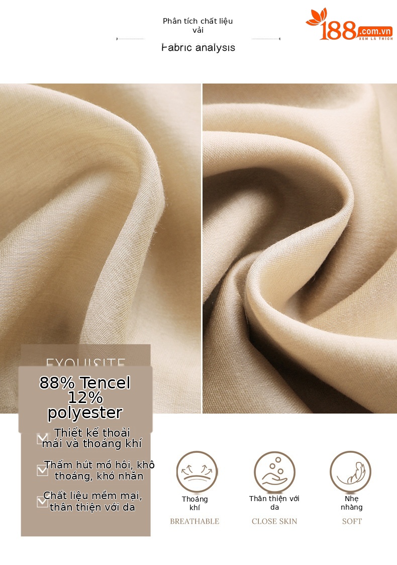 Bộ đồ Tencel nữ hai mảnh gồm áo và chân váy midi thắt eo — Màu đen, Màu xám, Màu kaki chi tiết 8
