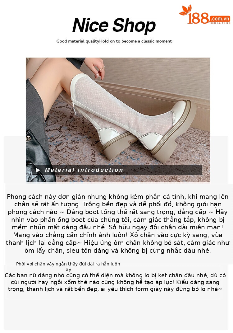 Boot lưới da thật cổ cao mũi tròn đế dày phối màu thoáng khí mùa hè — Màu đen cổ ống lớn, Ống nhỏ màu đen, Chu vi ống lớn màu trắng Be, Ống nhỏ màu be chi tiết 6
