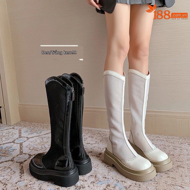 Boot lưới da thật cổ cao mũi tròn đế dày phối màu thoáng khí mùa hè — Màu đen cổ ống lớn, Ống nhỏ màu đen, Chu vi ống lớn màu trắng Be, Ống nhỏ màu be chi tiết 18