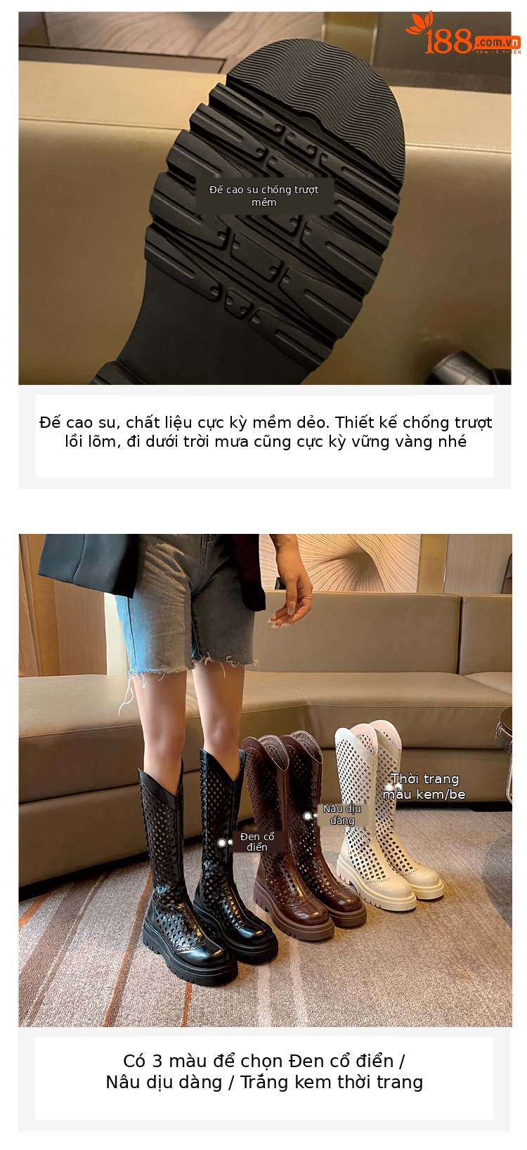 Boot nữ da bò đế dày cổ cao ống lưới — Màu nâu ống lớn, Màu đen cổ ống lớn, Ống nhỏ màu đen, Chu vi ống lớn màu trắng Be chi tiết 2