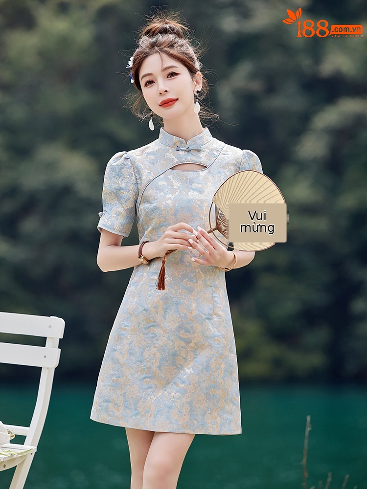 Váy maxi nữ phong cách Trung Quốc mới, cổ đứng cúc bọc, dáng dài vừa phải, thanh lịch thời trang — Màu xanh lam, Màu hồng