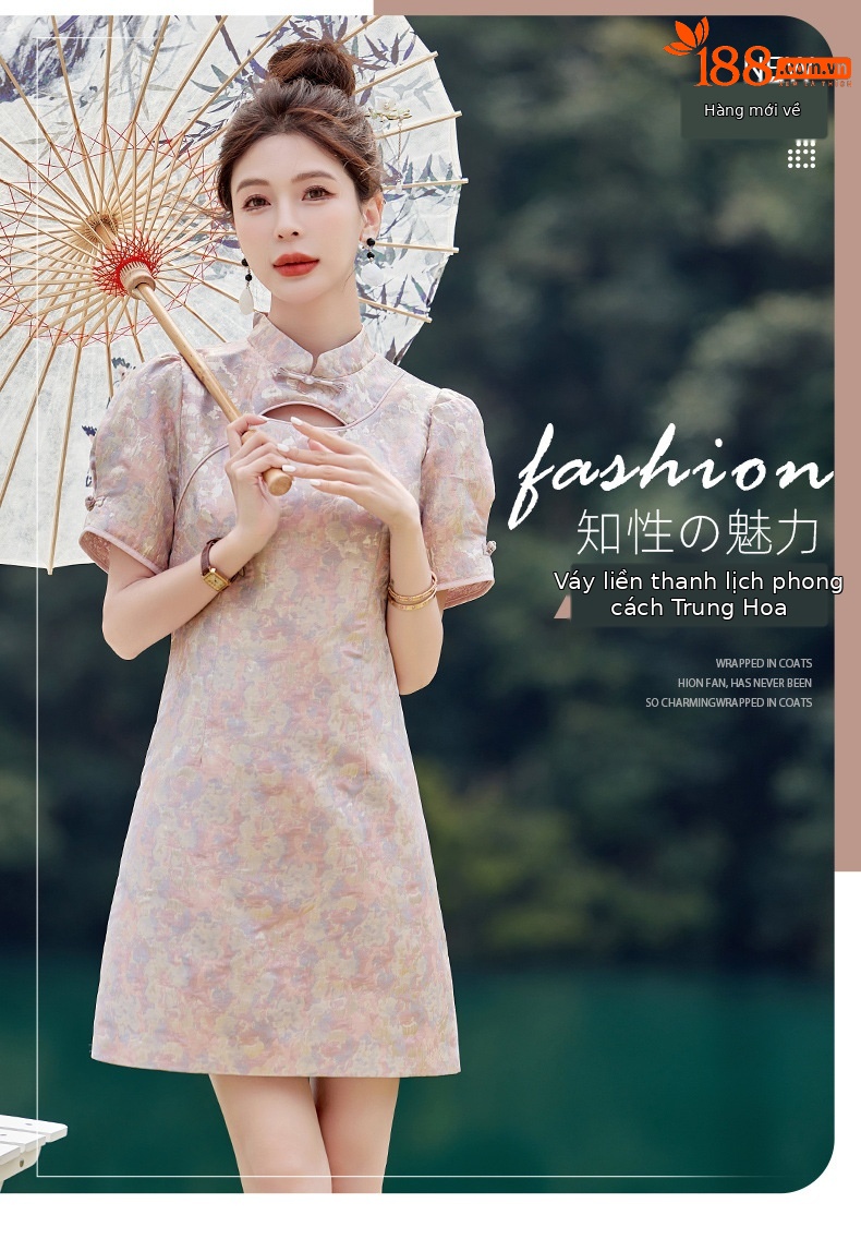 Váy maxi nữ phong cách Trung Quốc mới, cổ đứng cúc bọc, dáng dài vừa phải, thanh lịch thời trang — Màu xanh lam, Màu hồng chi tiết 1