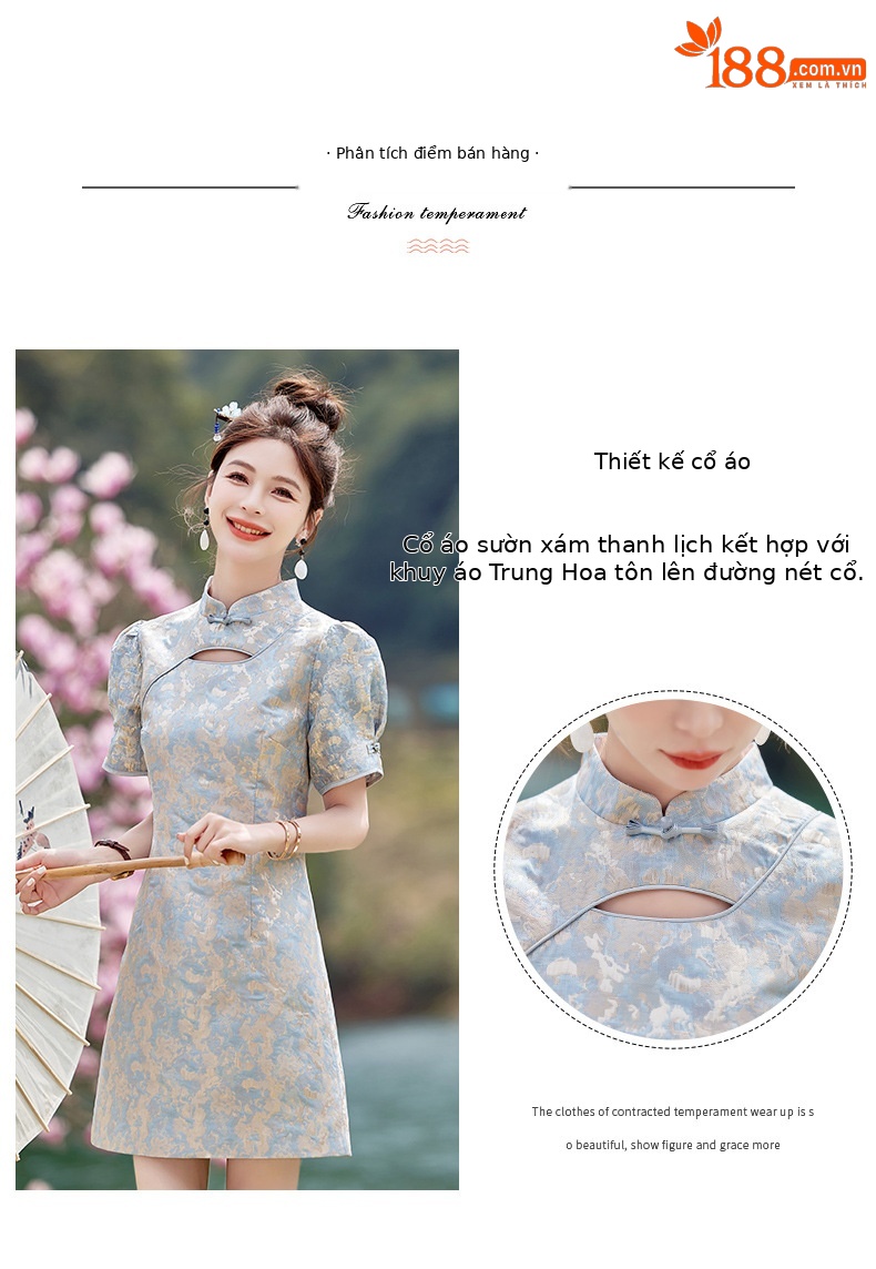 Váy maxi nữ phong cách Trung Quốc mới, cổ đứng cúc bọc, dáng dài vừa phải, thanh lịch thời trang — Màu xanh lam, Màu hồng chi tiết 5