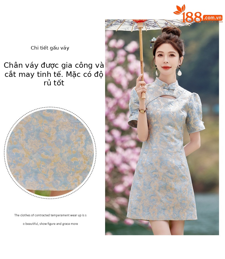 Váy maxi nữ phong cách Trung Quốc mới, cổ đứng cúc bọc, dáng dài vừa phải, thanh lịch thời trang — Màu xanh lam, Màu hồng chi tiết 7