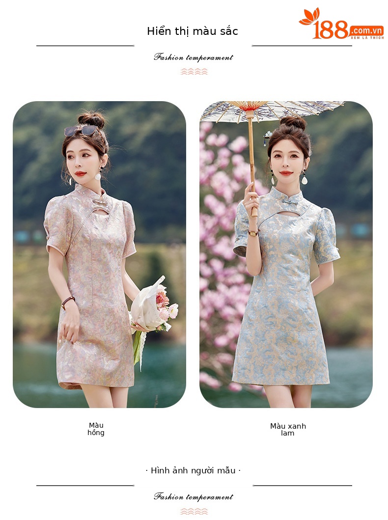 Váy maxi nữ phong cách Trung Quốc mới, cổ đứng cúc bọc, dáng dài vừa phải, thanh lịch thời trang — Màu xanh lam, Màu hồng chi tiết 9