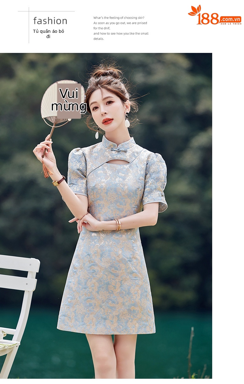 Váy maxi nữ phong cách Trung Quốc mới, cổ đứng cúc bọc, dáng dài vừa phải, thanh lịch thời trang — Màu xanh lam, Màu hồng chi tiết 19