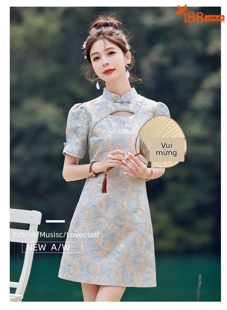 Váy maxi nữ phong cách Trung Quốc mới, cổ đứng cúc bọc, dáng dài vừa phải, thanh lịch thời trang — Màu xanh lam, Màu hồng chi tiết 20
