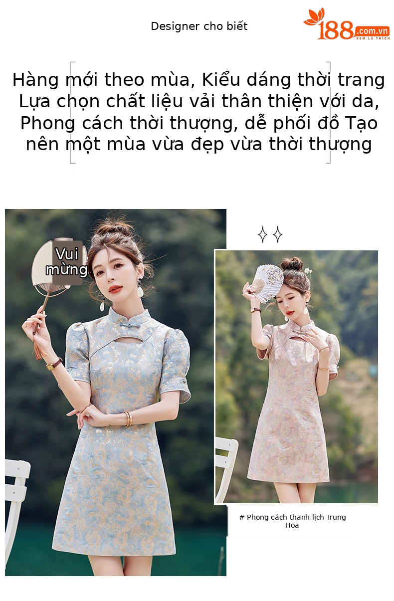 Váy maxi nữ phong cách Trung Quốc mới, cổ đứng cúc bọc, dáng dài vừa phải, thanh lịch thời trang — Màu xanh lam, Màu hồng chi tiết 2