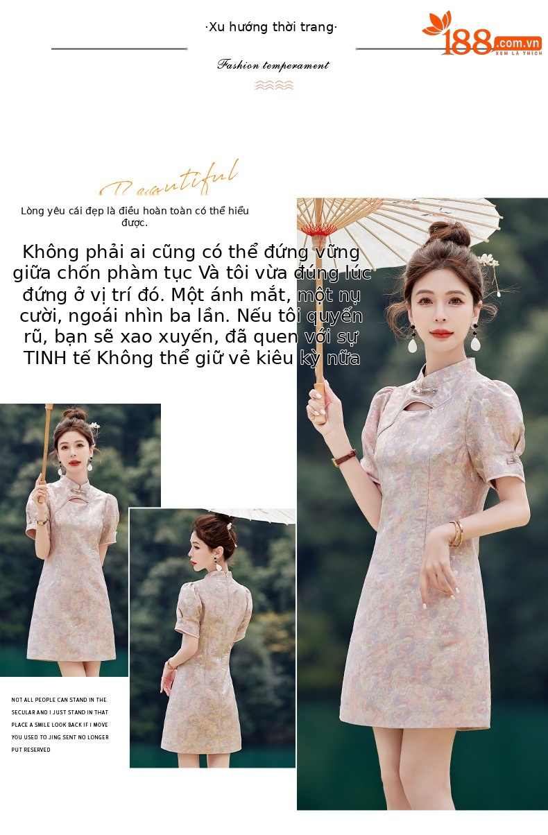 Váy maxi nữ phong cách Trung Quốc mới, cổ đứng cúc bọc, dáng dài vừa phải, thanh lịch thời trang — Màu xanh lam, Màu hồng chi tiết 4