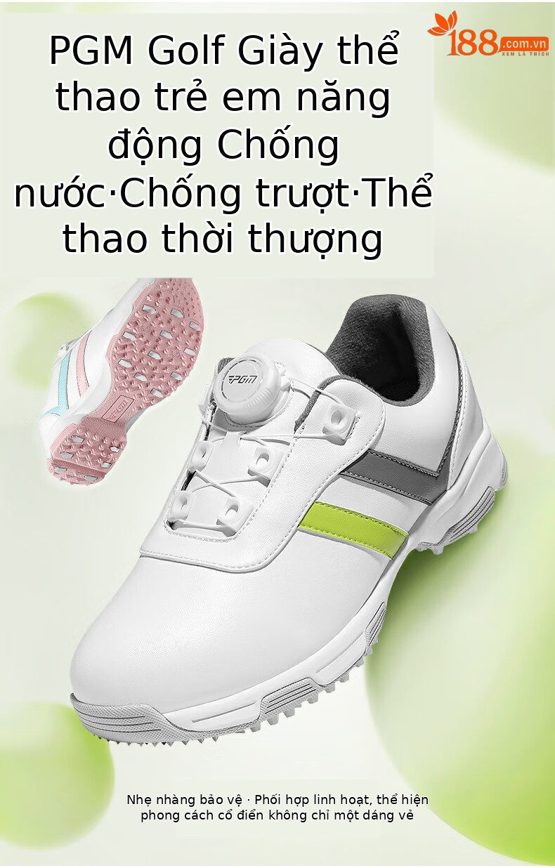 Giày golf trẻ em nữ PGM dây rút núm vặn chống nước chống trượt — XZ342-Trắng Xám Xanh Lá, XZ342-Trắng hồng xanh lam chi tiết 3