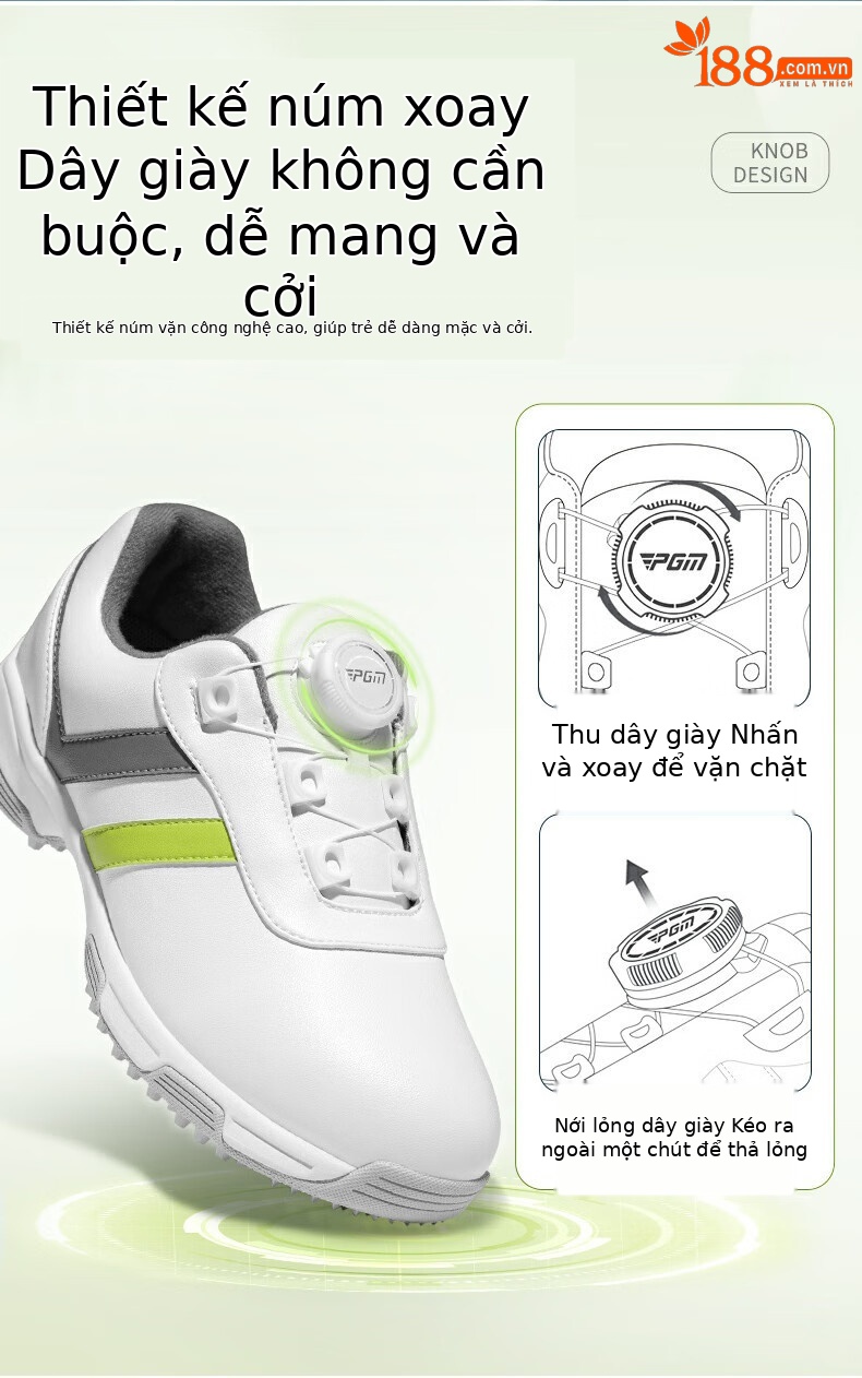 Giày golf trẻ em nữ PGM dây rút núm vặn chống nước chống trượt — XZ342-Trắng Xám Xanh Lá, XZ342-Trắng hồng xanh lam chi tiết 7