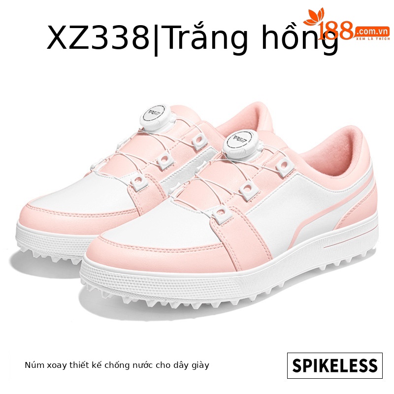 Giày golf nữ chống nước PGM đế núm chống trượt, thiết kế xoay nút dễ mang — XZ338 [không thấm nước/không đinh/khóa quay] trắng hồng