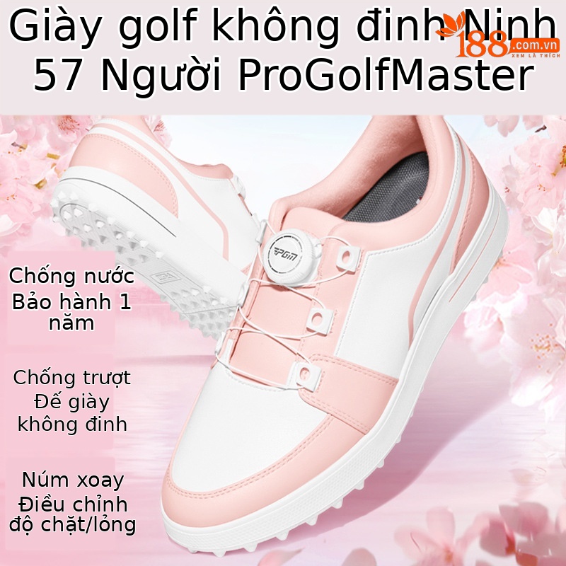 Giày golf nữ chống nước PGM đế núm chống trượt, thiết kế xoay nút dễ mang — XZ338 [không thấm nước/không đinh/khóa quay] trắng hồng