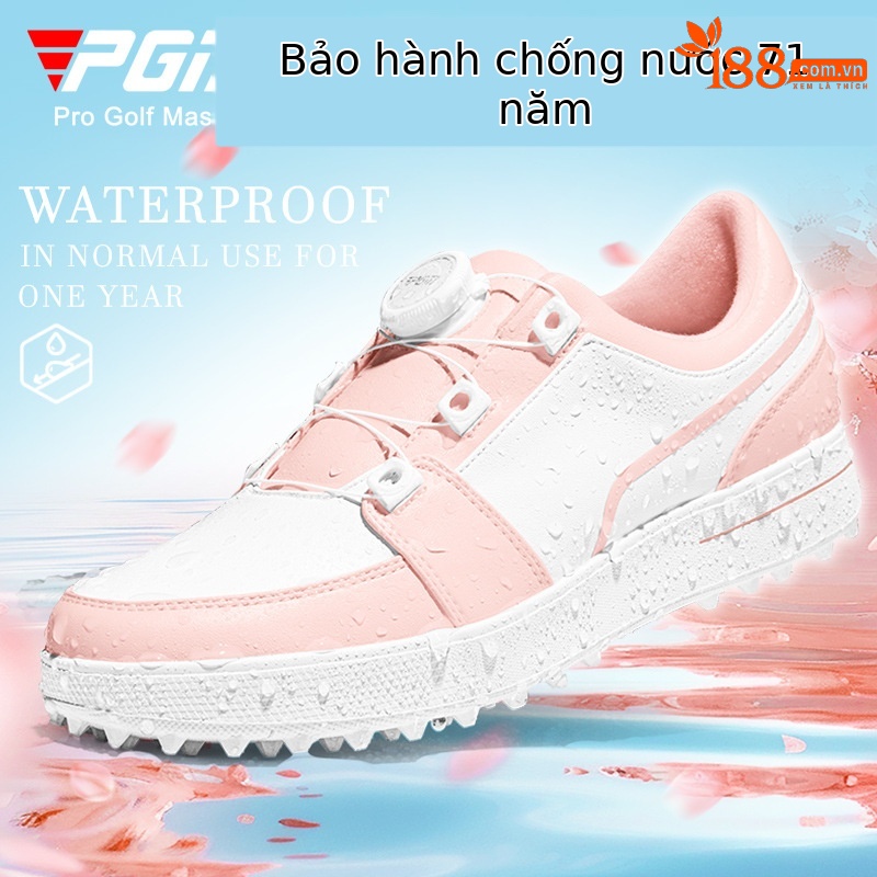 Giày golf nữ chống nước PGM đế núm chống trượt, thiết kế xoay nút dễ mang — XZ338 [không thấm nước/không đinh/khóa quay] trắng hồng