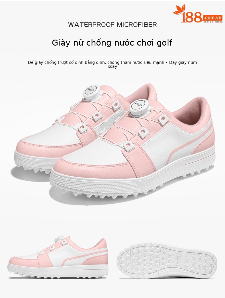 Giày golf nữ chống nước PGM đế núm chống trượt, thiết kế xoay nút dễ mang — XZ338 [không thấm nước/không đinh/khóa quay] trắng hồng chi tiết 3