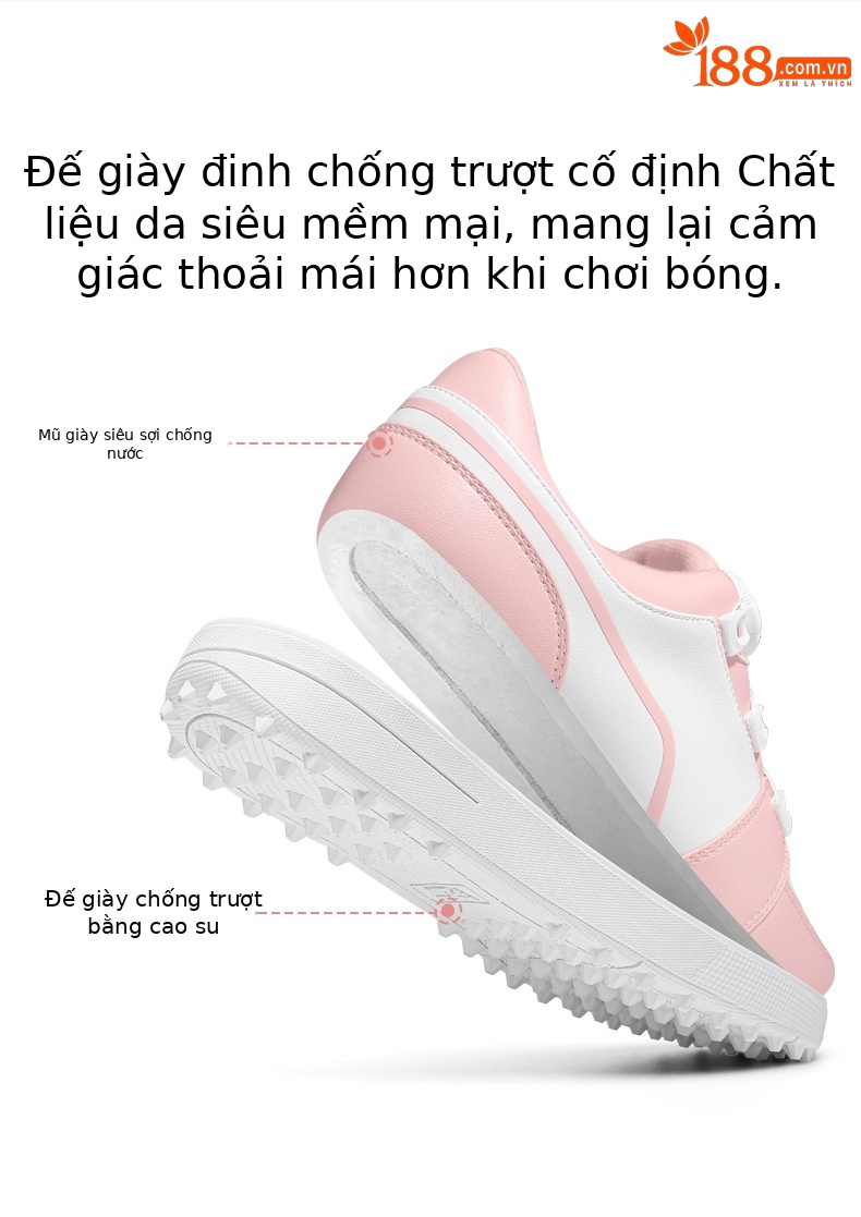 Giày golf nữ chống nước PGM đế núm chống trượt, thiết kế xoay nút dễ mang — XZ338 [không thấm nước/không đinh/khóa quay] trắng hồng chi tiết 4