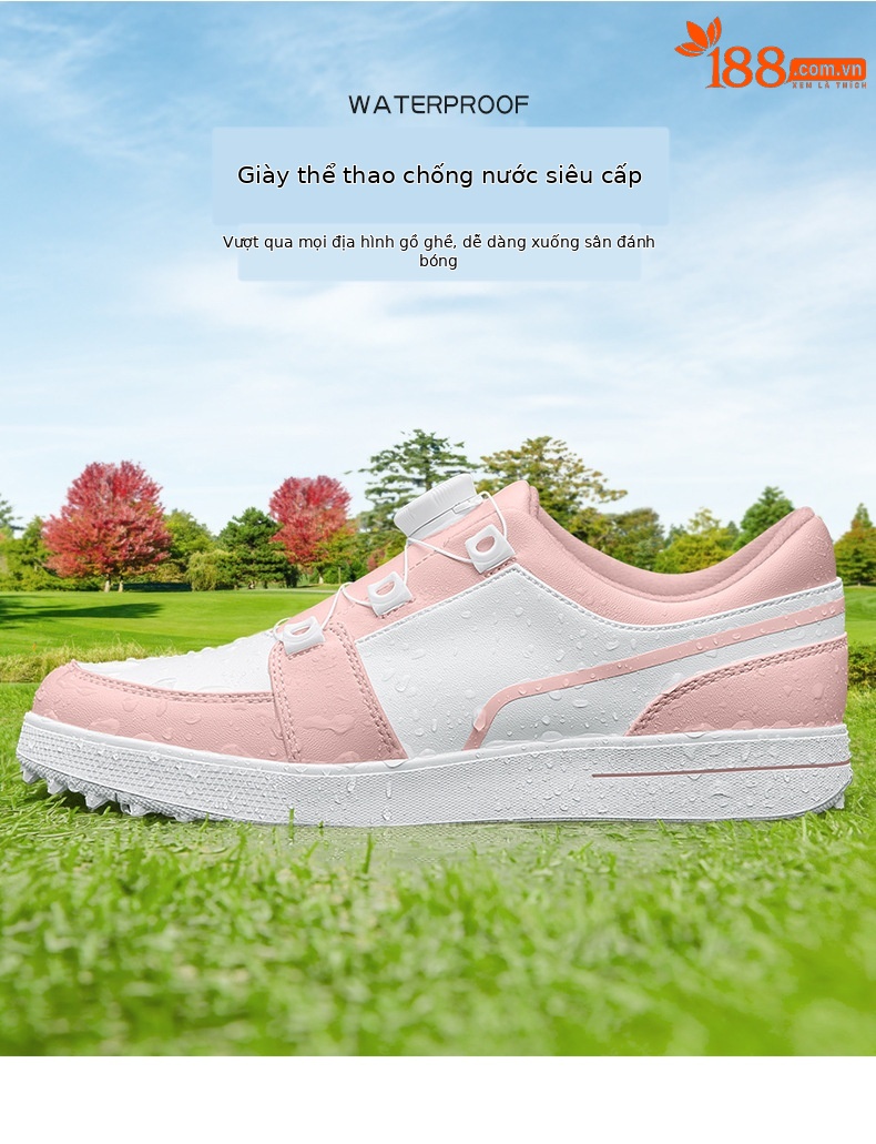 Giày golf nữ chống nước PGM đế núm chống trượt, thiết kế xoay nút dễ mang — XZ338 [không thấm nước/không đinh/khóa quay] trắng hồng chi tiết 5