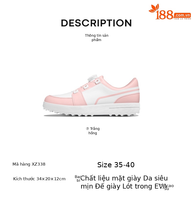 Giày golf nữ chống nước PGM đế núm chống trượt, thiết kế xoay nút dễ mang — XZ338 [không thấm nước/không đinh/khóa quay] trắng hồng chi tiết 7