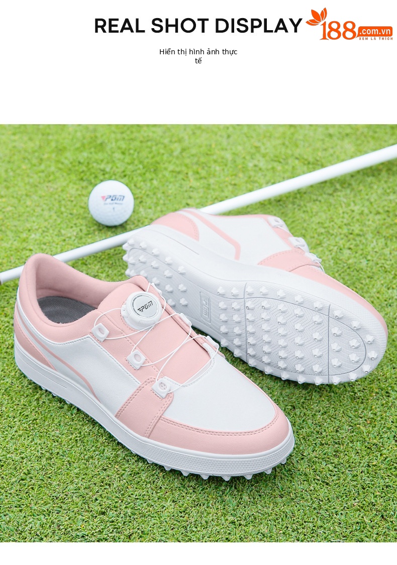 Giày golf nữ chống nước PGM đế núm chống trượt, thiết kế xoay nút dễ mang — XZ338 [không thấm nước/không đinh/khóa quay] trắng hồng chi tiết 8