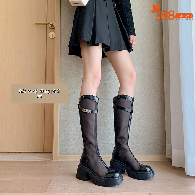 Bốt lưới da cừu cao gót thô cổ cao ôm chân phong cách Hàn Quốc — Màu đen cổ ống lớn, Ống nhỏ màu đen, Chu vi ống lớn màu trắng Be chi tiết 6