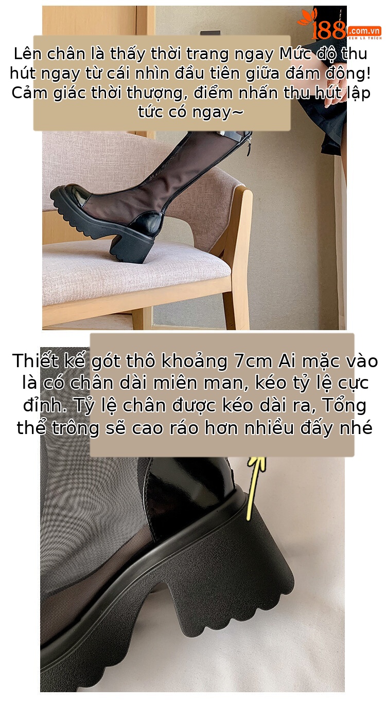 Bốt lưới da cừu cao gót thô cổ cao ôm chân phong cách Hàn Quốc — Màu đen cổ ống lớn, Ống nhỏ màu đen, Chu vi ống lớn màu trắng Be chi tiết 13