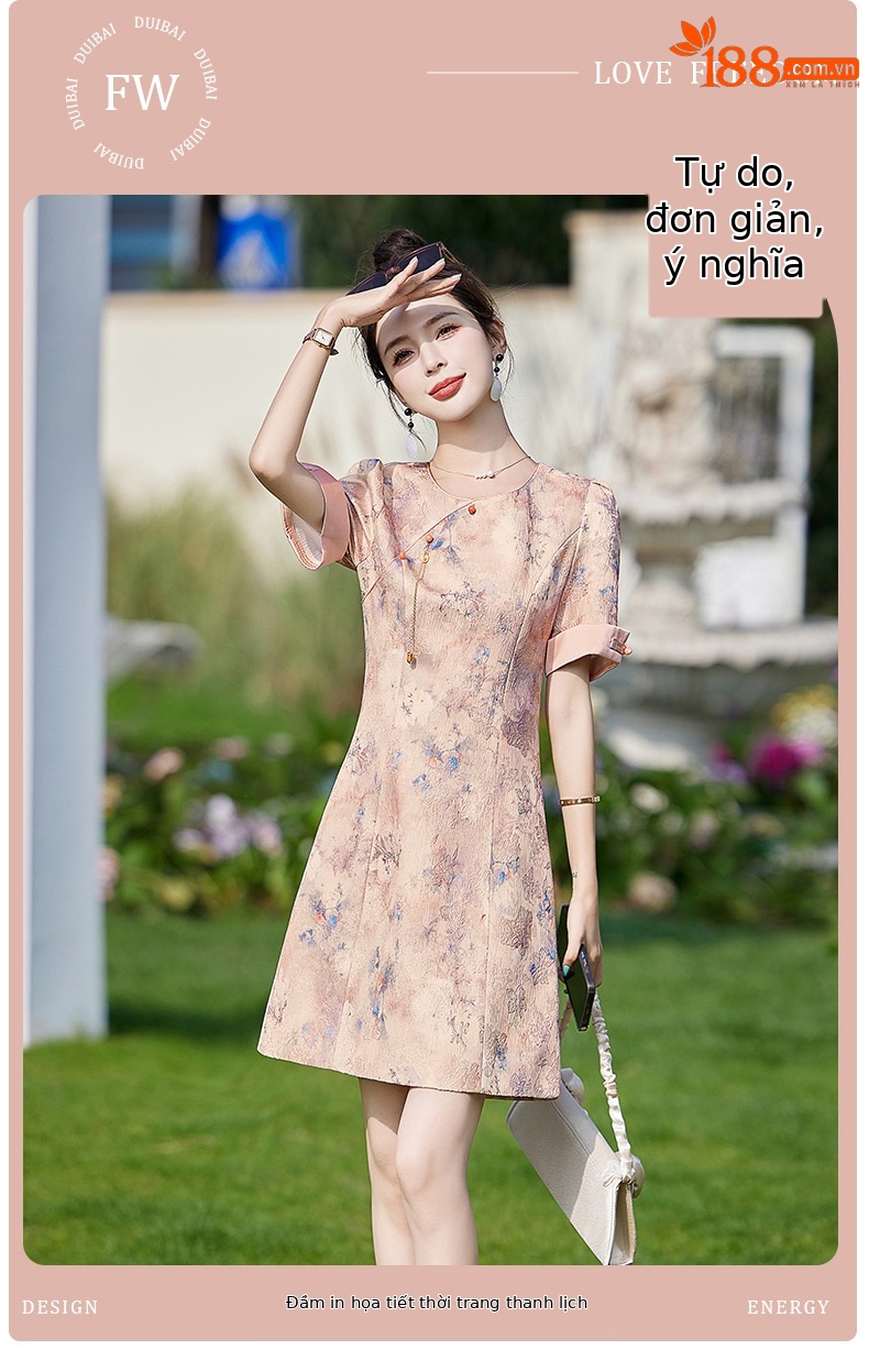 Váy sườn xám cải tiến phong cách Trung Quốc mới, thiết kế chữ A thanh lịch, mùa hè — Màu hồng, Màu xanh lá chi tiết 1
