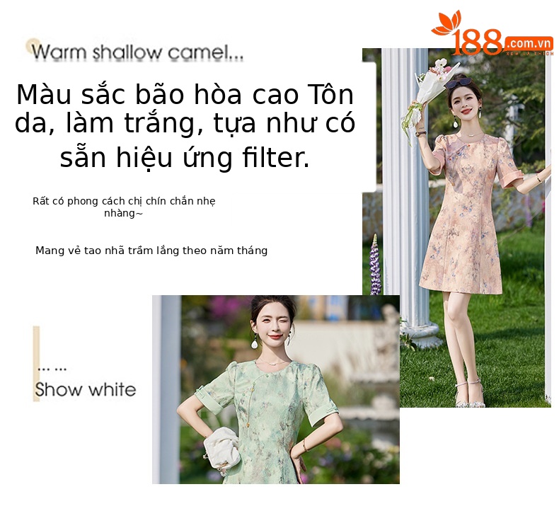 Váy sườn xám cải tiến phong cách Trung Quốc mới, thiết kế chữ A thanh lịch, mùa hè — Màu hồng, Màu xanh lá chi tiết 2