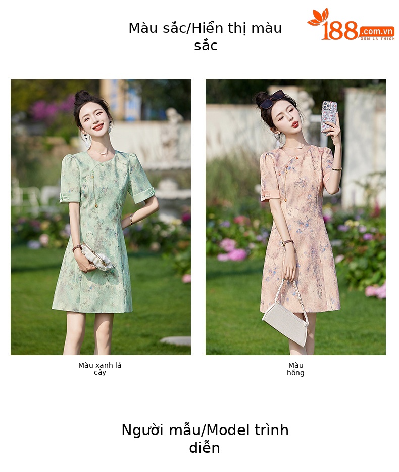 Váy sườn xám cải tiến phong cách Trung Quốc mới, thiết kế chữ A thanh lịch, mùa hè — Màu hồng, Màu xanh lá chi tiết 8
