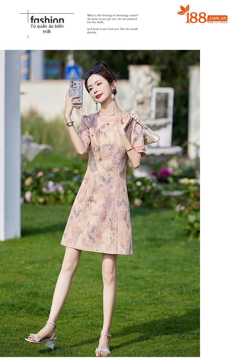 Váy sườn xám cải tiến phong cách Trung Quốc mới, thiết kế chữ A thanh lịch, mùa hè — Màu hồng, Màu xanh lá chi tiết 18