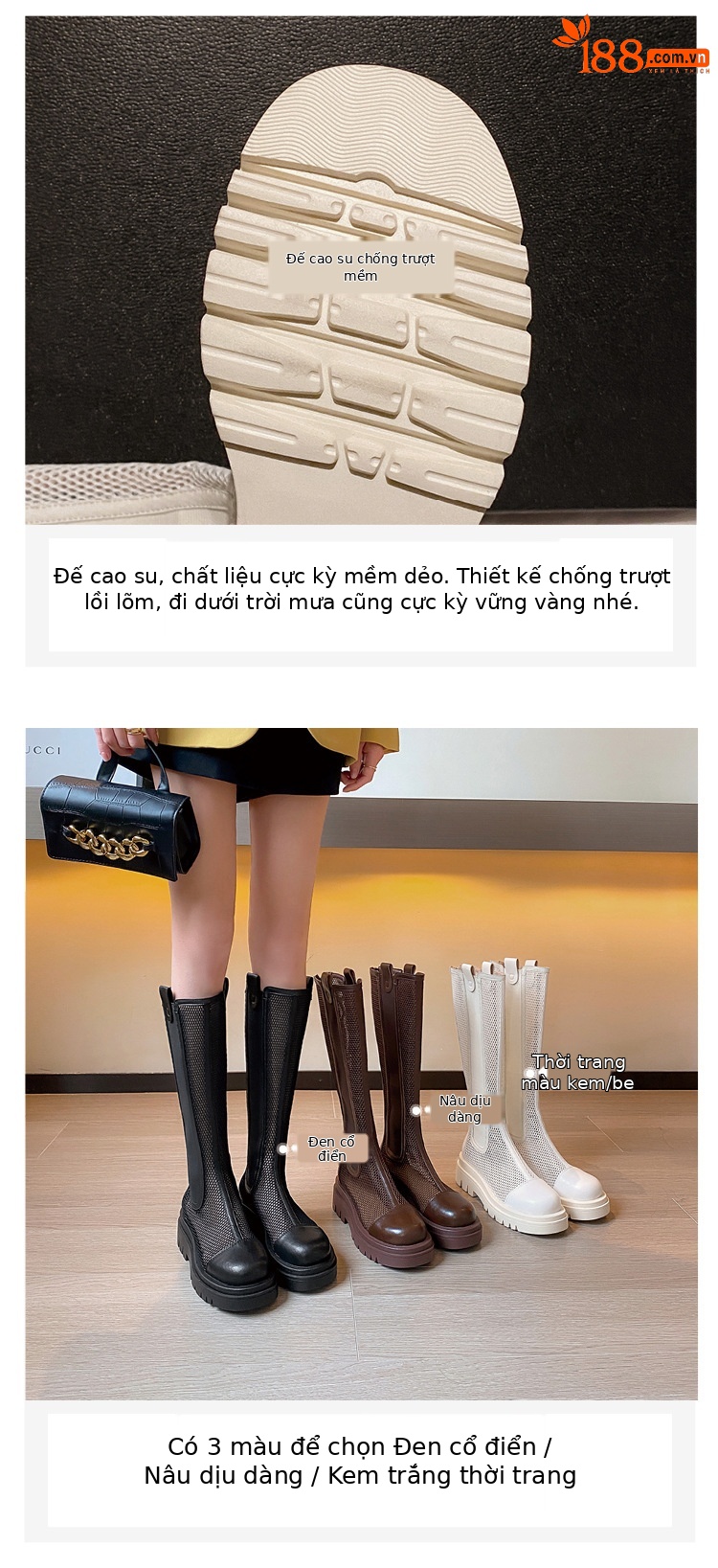 Boot lưới nữ da bò cổ cao thoáng khí mùa hè, đế dày, ống rộng cho chân to — Màu nâu ống lớn, Màu đen cổ ống lớn, Ống nhỏ màu đen, Chu vi ống lớn màu trắng be chi tiết 3