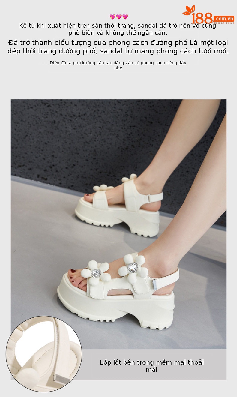 Dép sandal nữ đế dày platform phong cách thể thao mùa hè — Len sạch, Đen chi tiết 4