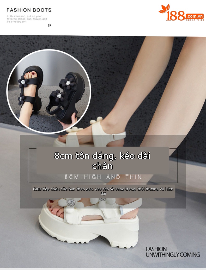 Dép sandal nữ đế dày platform phong cách thể thao mùa hè — Len sạch, Đen chi tiết 8