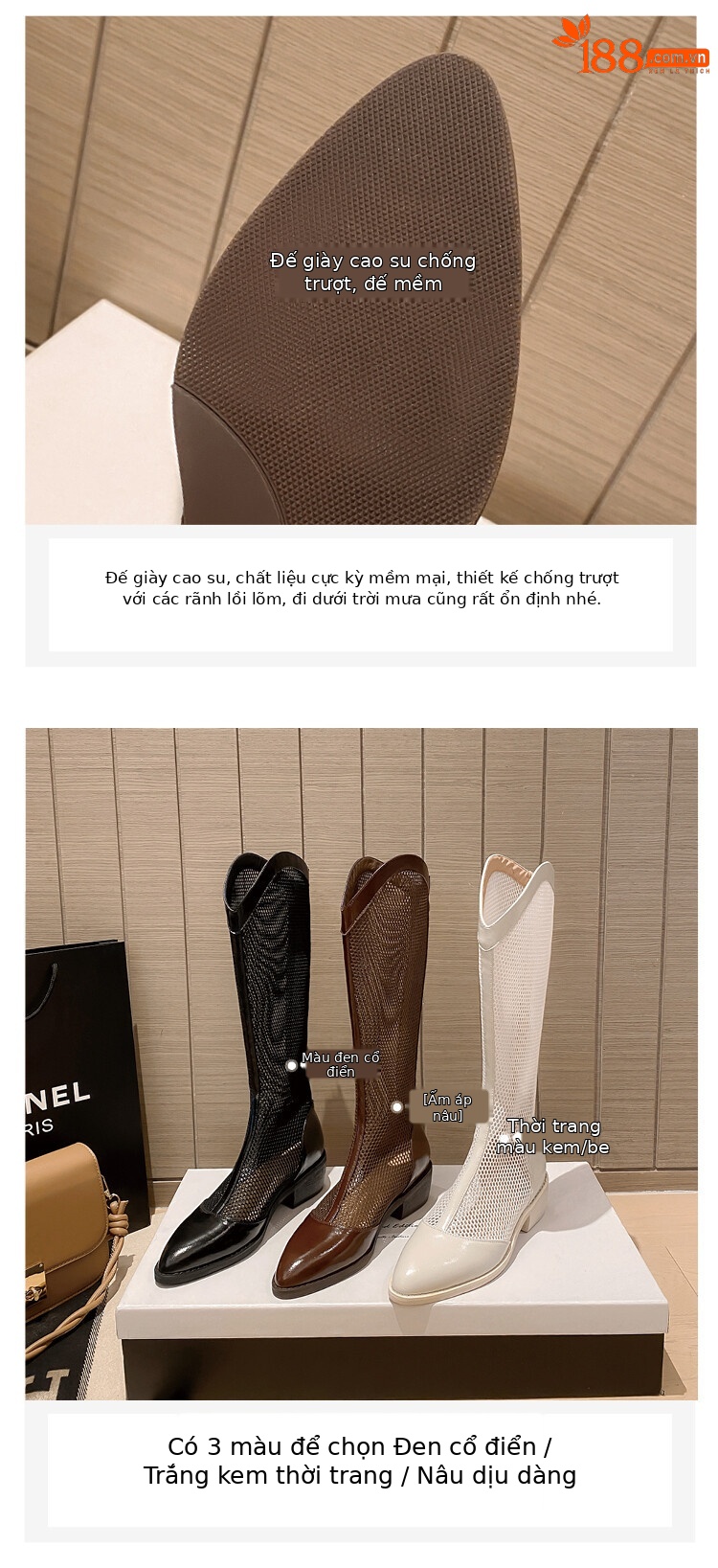 Boot nữ cổ cao da thật đế thô gót vuông ống lưới rỗng dây kéo sau — Màu nâu ống lớn, Ống nhỏ màu đen, Ống nhỏ màu nâu, Ống nhỏ màu trắng Be chi tiết 5