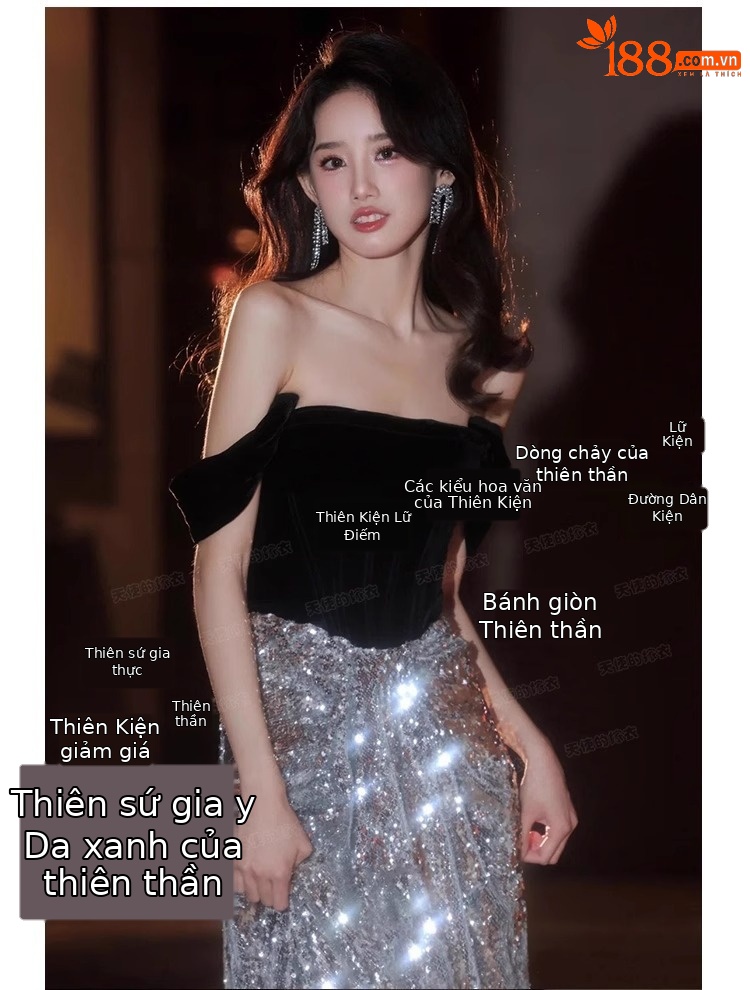 Đầm dạ hội nhung đen cổ chữ V ôm body đuôi cá dài — Màu đen chi tiết 6