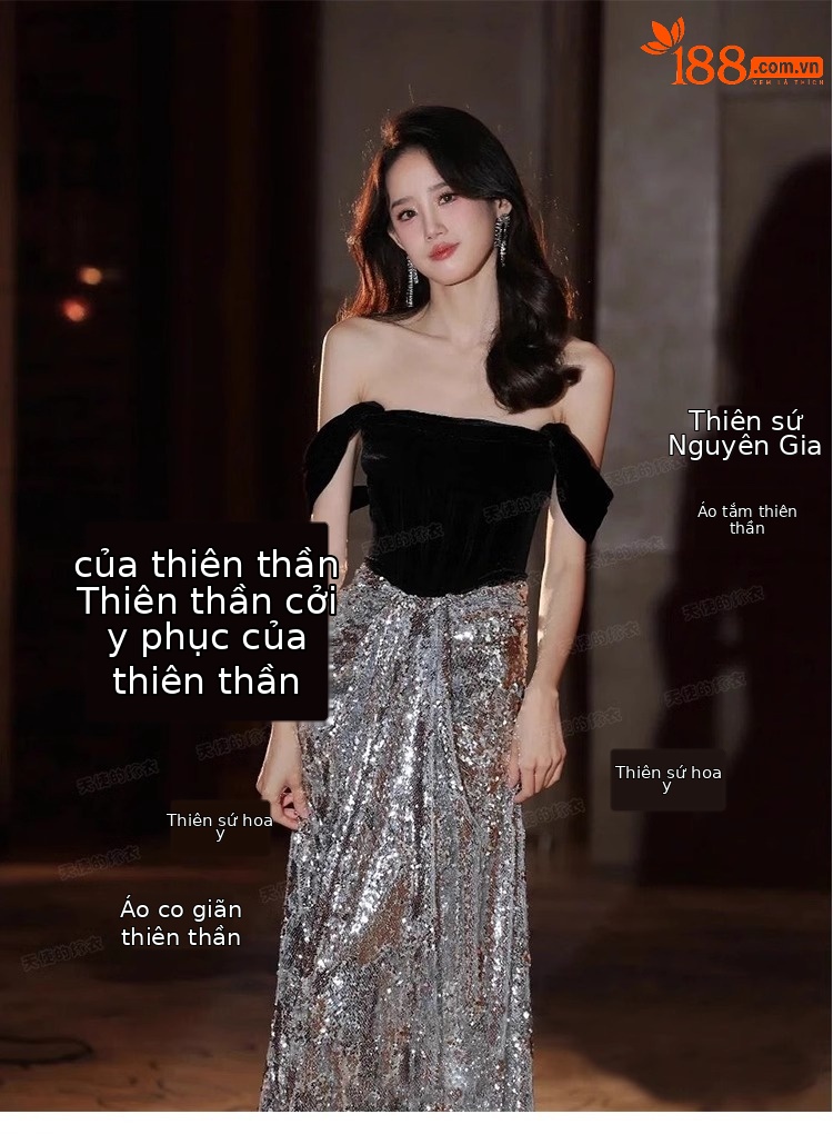Đầm dạ hội nhung đen cổ chữ V ôm body đuôi cá dài — Màu đen chi tiết 23