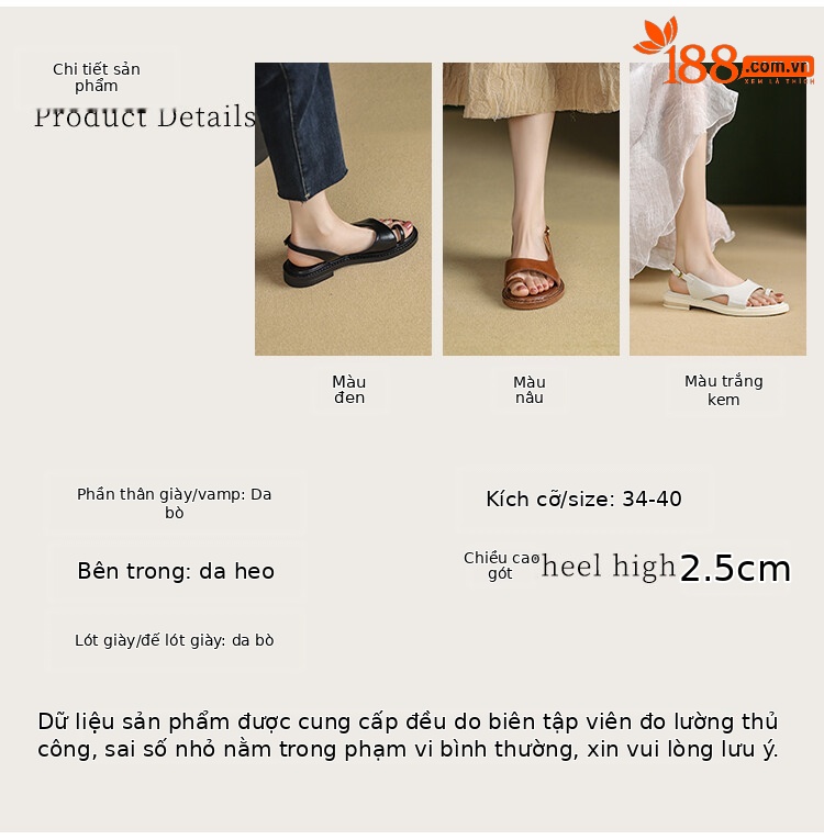 Sandal nữ xỏ ngón đế bệt da thật phong cách La Mã hở mũi quai hậu — Màu nâu, Màu đen, Màu trắng be chi tiết 5