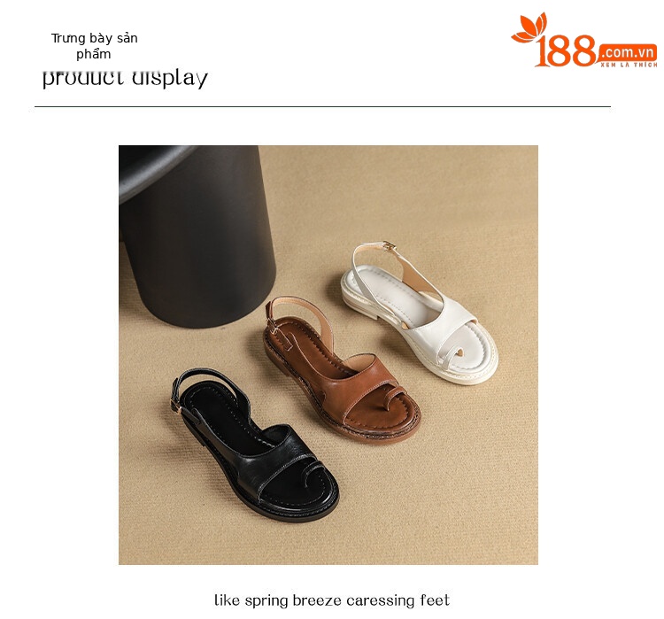 Sandal nữ xỏ ngón đế bệt da thật phong cách La Mã hở mũi quai hậu — Màu nâu, Màu đen, Màu trắng be chi tiết 7
