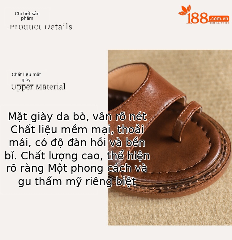 Sandal nữ xỏ ngón đế bệt da thật phong cách La Mã hở mũi quai hậu — Màu nâu, Màu đen, Màu trắng be chi tiết 10