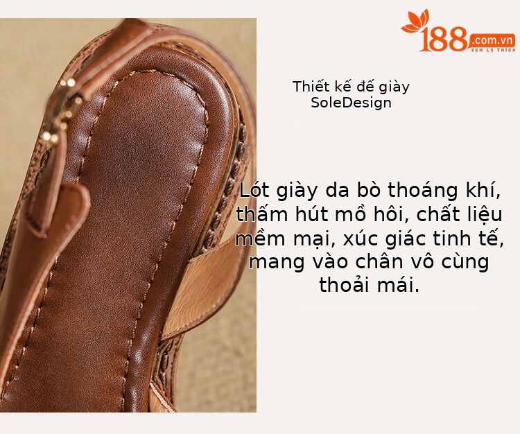 Sandal nữ xỏ ngón đế bệt da thật phong cách La Mã hở mũi quai hậu — Màu nâu, Màu đen, Màu trắng be chi tiết 13